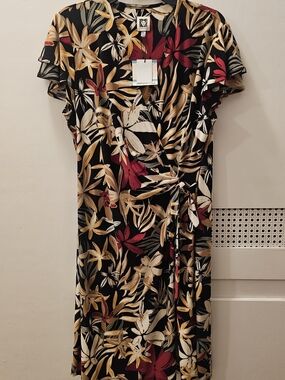Anne Klein Black Floral Wrap Midi Dress with Red & Cream Tropical Print